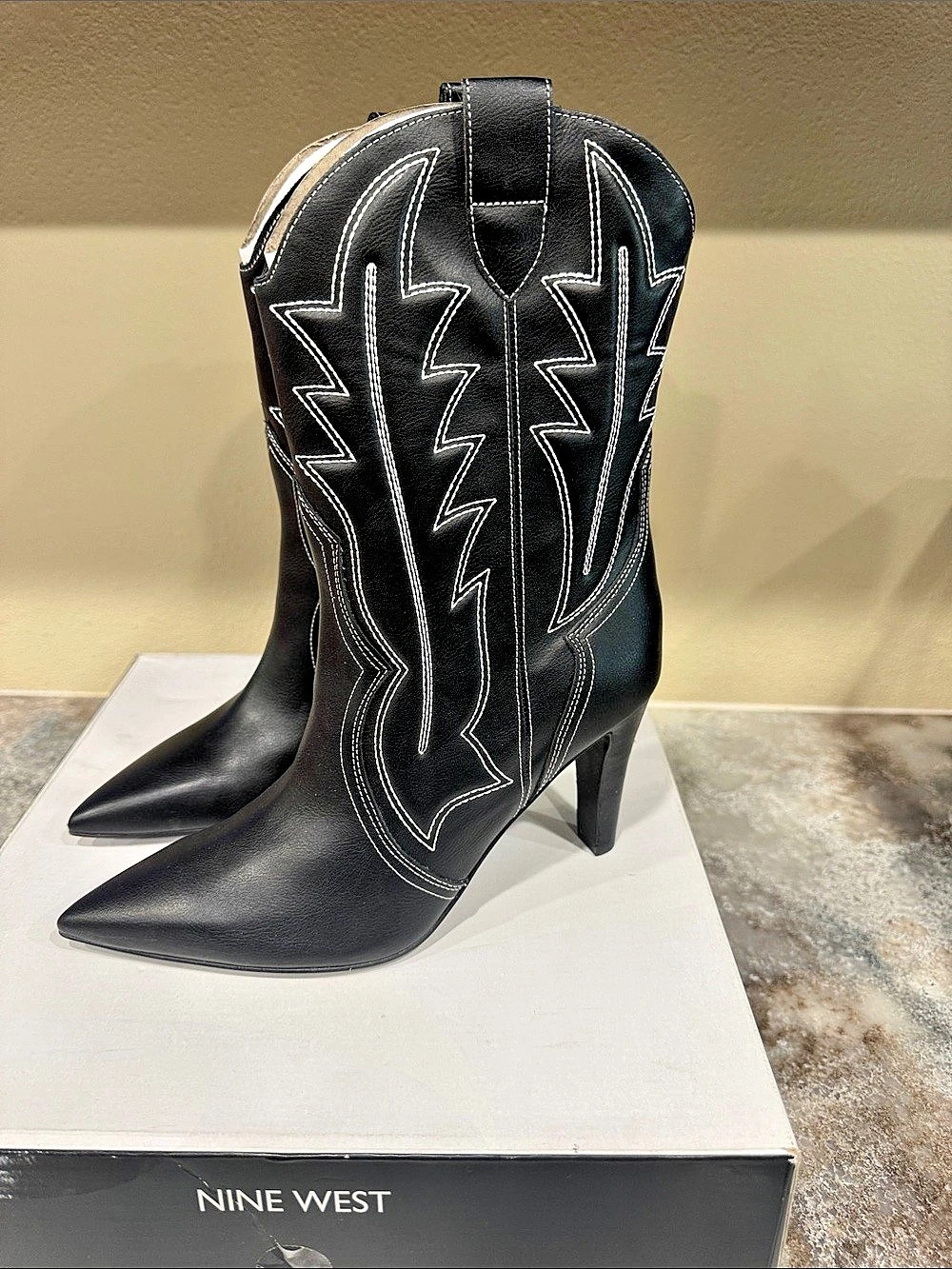 Nine West Ringer Detailed Western Boots Black Pointed Toe